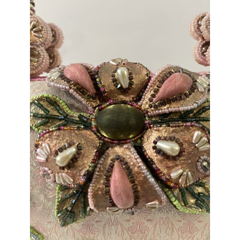 Mary Frances Beaded Floral Handbag With Intricate Embroidery Pink & Green Accent - Picture 6 of 16